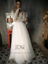 New Ivory Skin Glitter Wedding Dress Bridal Gown Long Sleeve Beaded Buttons A-Line