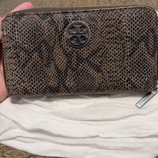 Tory Burch Brown Black Zip Around Continental Wallet Snakeskin Embossed Leather