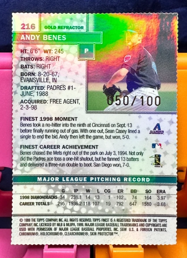Andy Benes 1999 TOPPS FINEST #216 GOLD REFRACTOR /100 W/ COATING Diamondbacks SP - Image 2 of 2