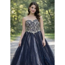 Vtg Hebeos Blue Tulle Prom Dress Embellished Corset Halter Formal Gown read