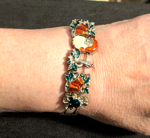 Vintage 1970s Christmas Slide Bracelet Enamel Santa Colorful Gift Candle 7" h- - Picture 2 of 5