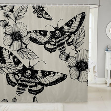Gothic Skull Bathroom Shower Curtain Set Decorative Death Moth and Flowers Bath