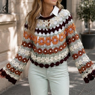ZARA seltener Baumwollmischung Blumen Häkel Strick Oversize Pullover Boho Cottagecore UK M