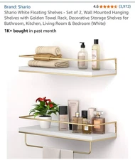 Set Of 2 White And Gold Floating Shelves Wall Mounted With Towel Bar