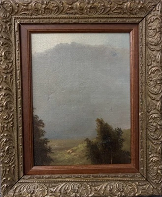 19th Cen. Small Original French School Oil Painting Mountain Sky Framed - Photo 1/4