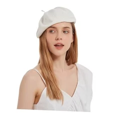 Cotton French Beret Hat Summer Knitted Soft Thin Beret Hat 7 1/4-7 1/2 White