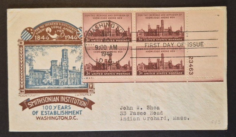 1946 First Day Cover US Scott 943 Smithsonian Institution Staehle Cachet FDC