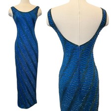 SCALA 100 Pure Silk Beaded Sapphire Blue Prom Maxi Dress Mermaid Evening Gown