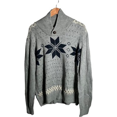 Wetterfester Pullover Herren Gr. L grau nordisches Schneeflockenmuster Baumwolle Strick