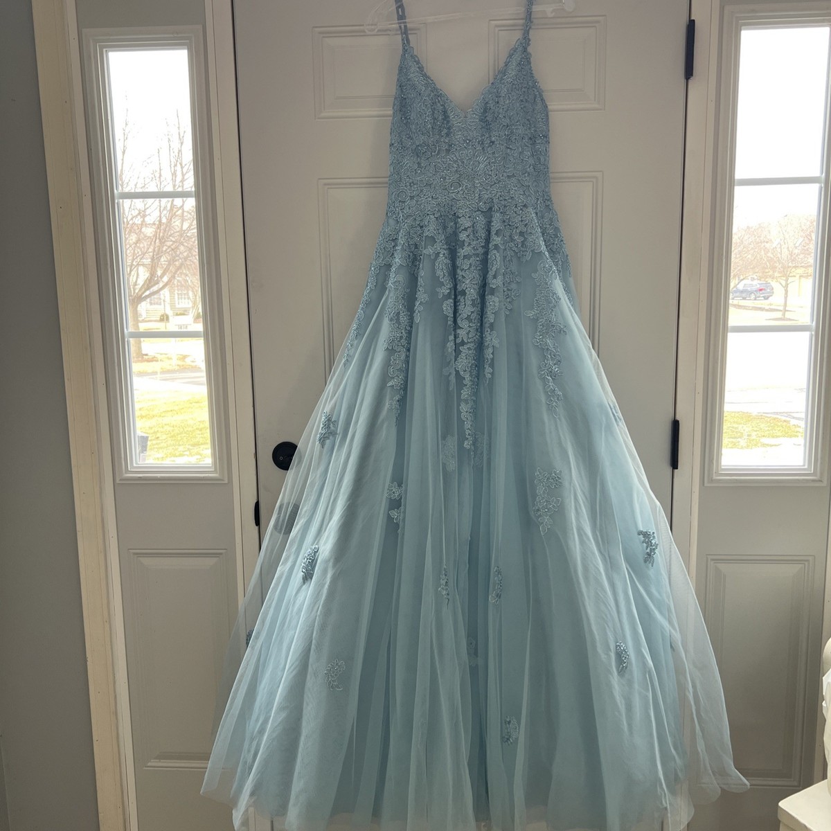 blue dress for baby girl Sherri Hill 55059 Light Blue Sequin Prom Dress – One Honey main image 1