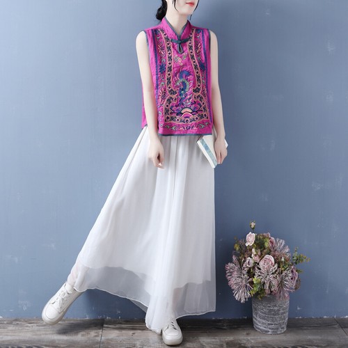 Women Ethnic Tank Vest Top Sleeveless Blouse Embroidery Floral Frog Button - Picture 5 of 9