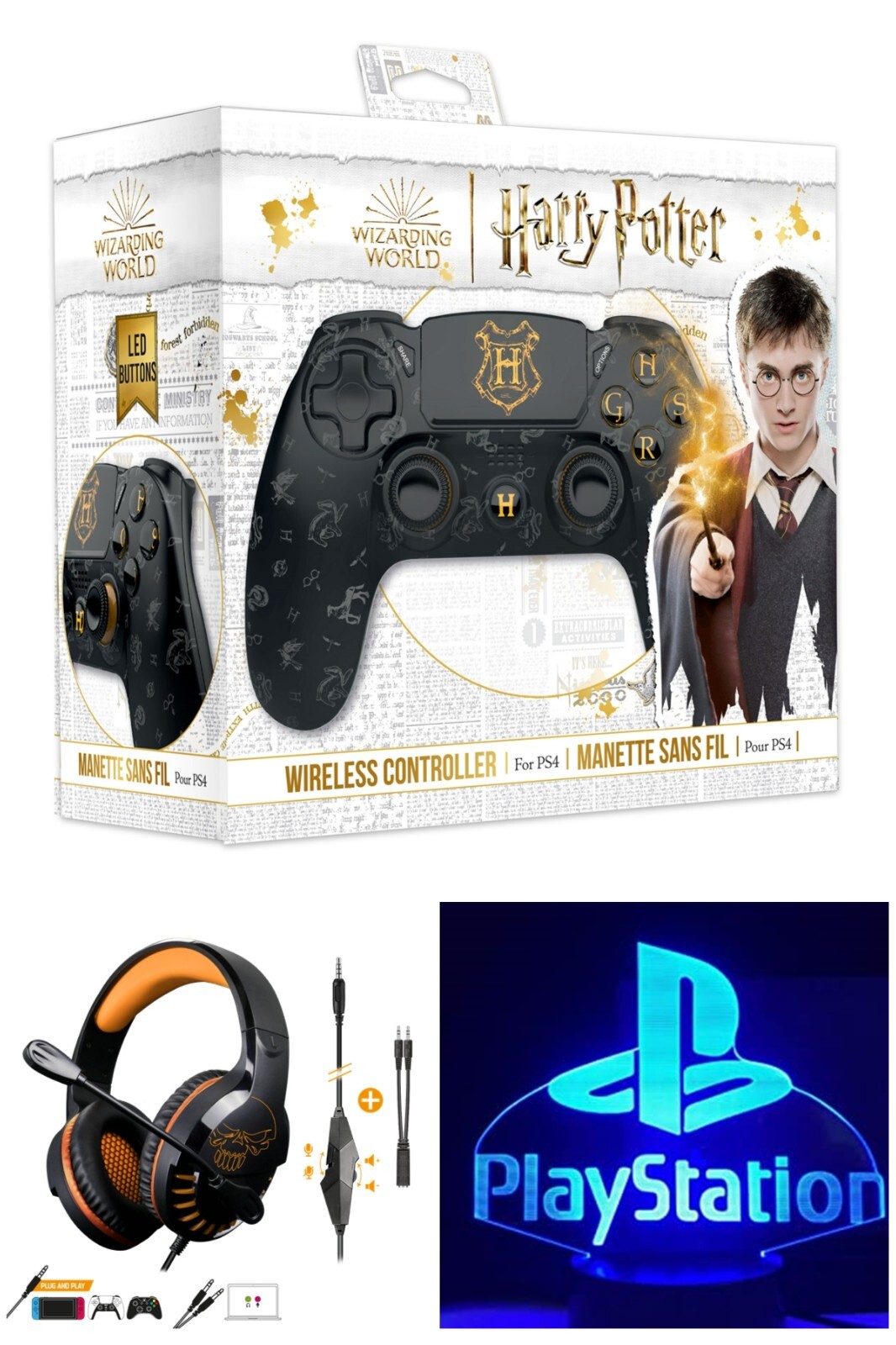 Manette PS4 Bluetooth Harry Potter noire avec casque gamer et micro intégré
