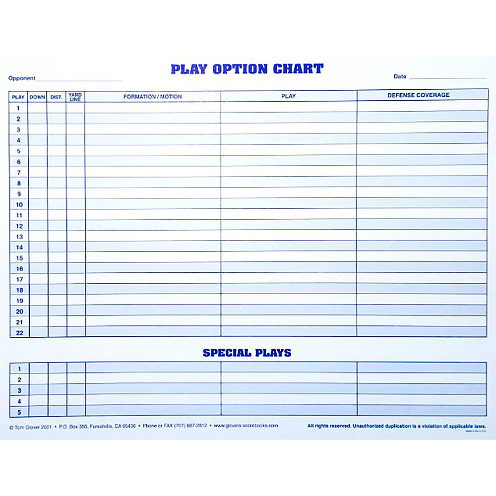 Glover's Football Play Options Charts - 8.5 x 11 - 30 Charts/Pack | eBay