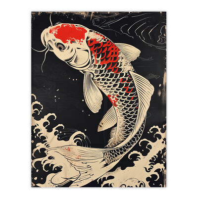 Traditional Black Red Japanese Koi Carp Artwork Wall Art Poster Print