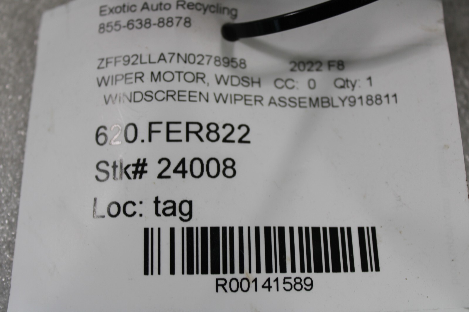 Ferrari F8 Tributo, Wiper Transmission w/ Motor, Used, P/N 918811