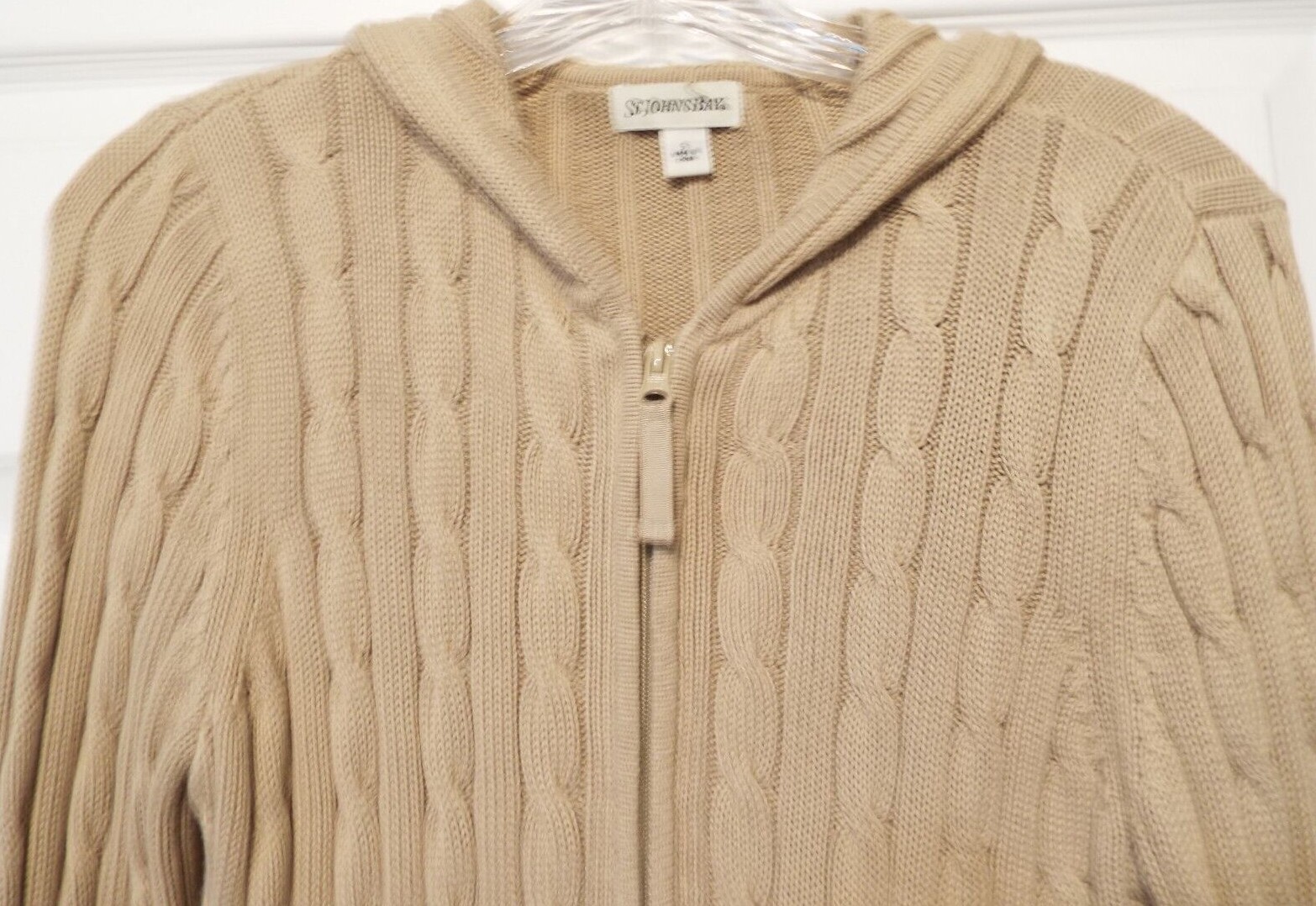 St Johns Bay Tan Full Zip Front CableKnit Sweater with Hood & Pockets