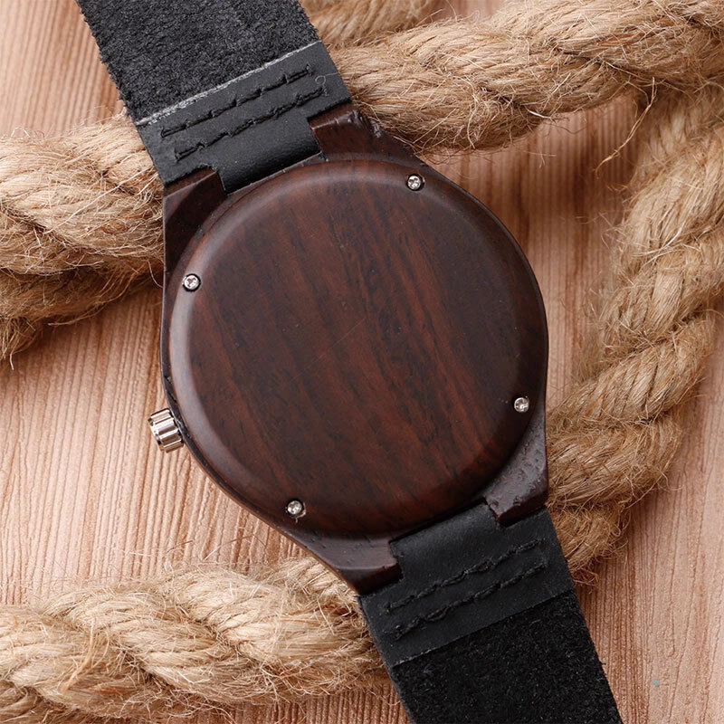 Casual Nature Wood Bamboo Round PU Leather Band Strap Men Quartz Wrist Watch - image 3 of 4