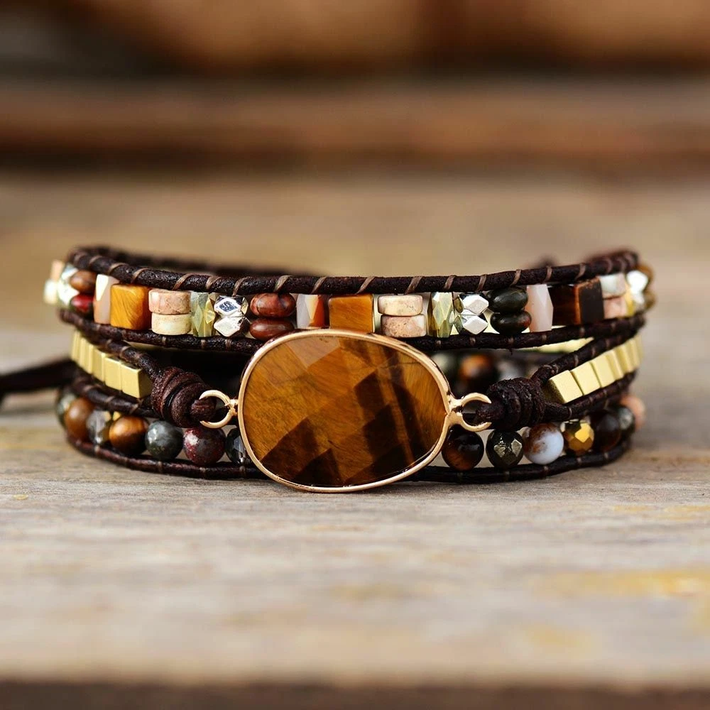 Brown Leather Wrap Bracelet Tiger Eye Mixed Stones Beaded Bracelet