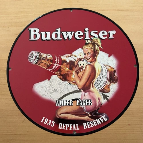 VINTAGE BUDWEISER PORCELAIN SIGN DRINK BEER BEVERAGE SERVICE STATION PUMP PLATE