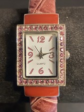 Women's Quartz Watch Cuff Silver Burgundy New Battery
