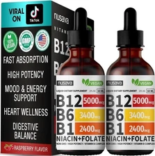 Nusava B12 Drops 5000mcg Liquid Supplement Vegan, High Potency, Raspberry Flavor