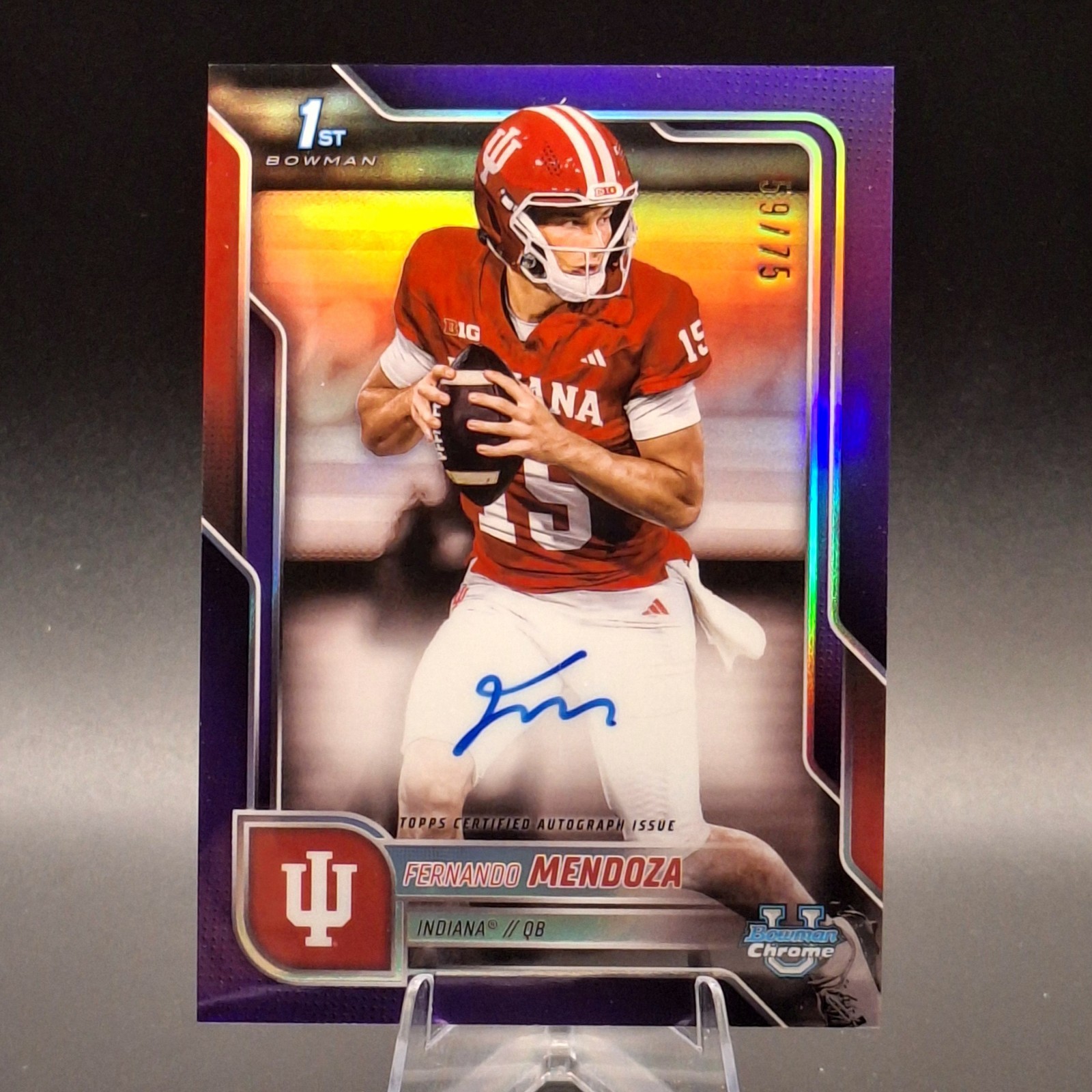 2025 Bowman Chrome U Fernando Mendoza Auto /75 Purple Refractor Heisman Winner