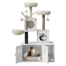 53.7'' Cat Tree Tower Modern Cat Condos with 15.7'' Hidden Litter Box Enclosure
