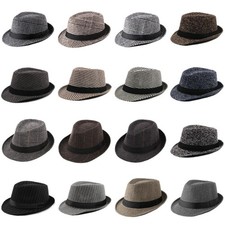 Men Women Summer Straw Fedora Hat Trilby Cuban Sun Cap Panama Short Brim Floral