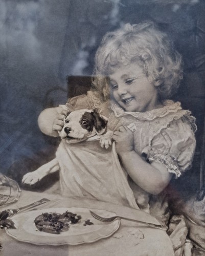 Antique Edwardian Arthur J. Elsley Print Wait a Minute c1905, Girl & Puppy (photo 5)