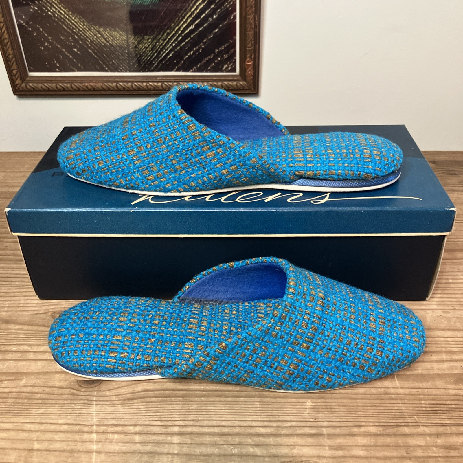 PANTOFOLA D’ORO Pantofole vintage retrò anni 60 70 slide look tweed blu oro 7 5 scarpa donna NUOVE