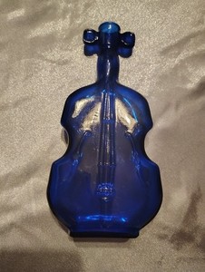 Vintage Cobalt blue violin shaped bottle 1959 MCM 8" #3 on bottom