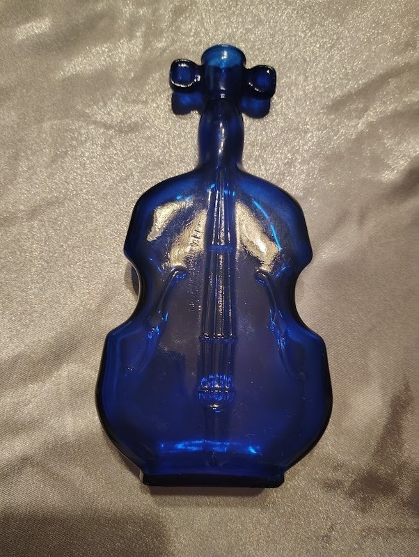 Vintage Cobalt blue violin shaped bottle 1959 MCM 8" #3 on bottom