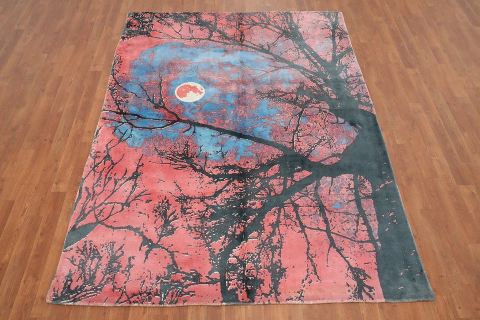 Pink Handmade Area Rug 6x8 Mystical Moonlit Forest Scene Modern Carpet - Image 2 of 4