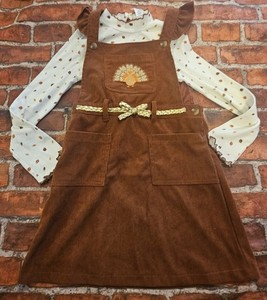 Little Lass Girls Thanksgiving Corduroy Dress & Shirt Set Sz 6 Turkey Fall