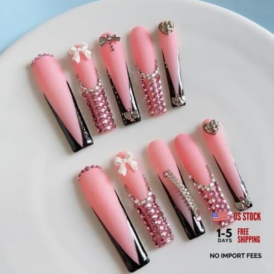 Extra Press On Nails Handmade XXL Long Square Press ons Black V French M black