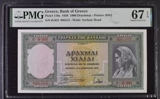 Greece , Bank of Greece, 1000 Drachmai 1939 P#110a .PMG 67 . Superb GEM UNC