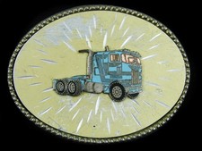 SE07143 VINTAGE 1980s  18-WHEEL SEMI-TRUCK  BRASSTONE ROCKMOUNT BELT BUCKLE