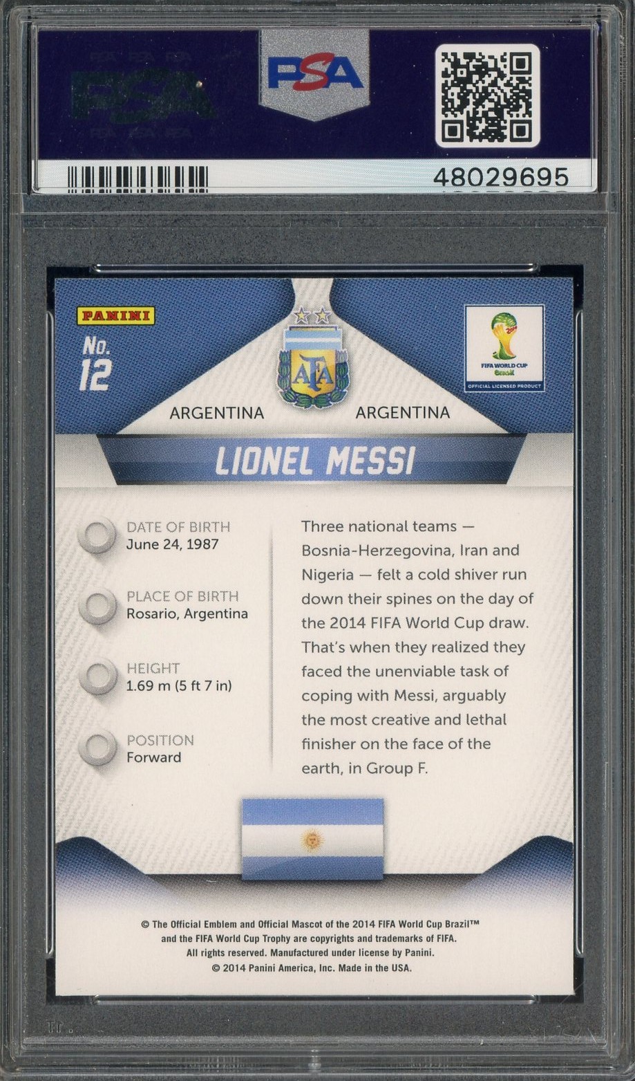 2014 Panini Prizm World Cup Soccer #12 Lionel Messi Argentina PSA 10 GEM MINT view 2