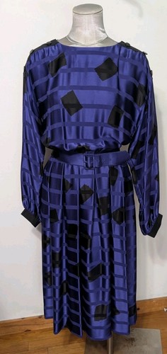 Vintage 80's Nipon Boutique Purple & Black Print Silk Dress Size 14