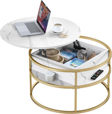 Salotto Tavolino Con Coperchio Ribaltabile, Legno Ingegnerizzato, Bianco/Oro, 80