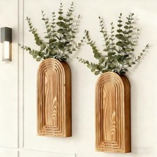 2 Pack Wooden Wall Vase Set, Boho Hanging Planter for Indoor Plants & Brown