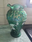 Fenton Designer Showcase Series Green Iridescent Glass Floral Vase, Signed