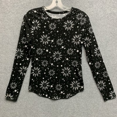 Long Sleeve Ribbed Knit Tee Sz M Black Celestial Whimsigoth Indie Boho Layering