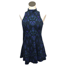 Free People Shift Dress Womens XS Blue Textured Print Amelia Knit Mock Neck Mini