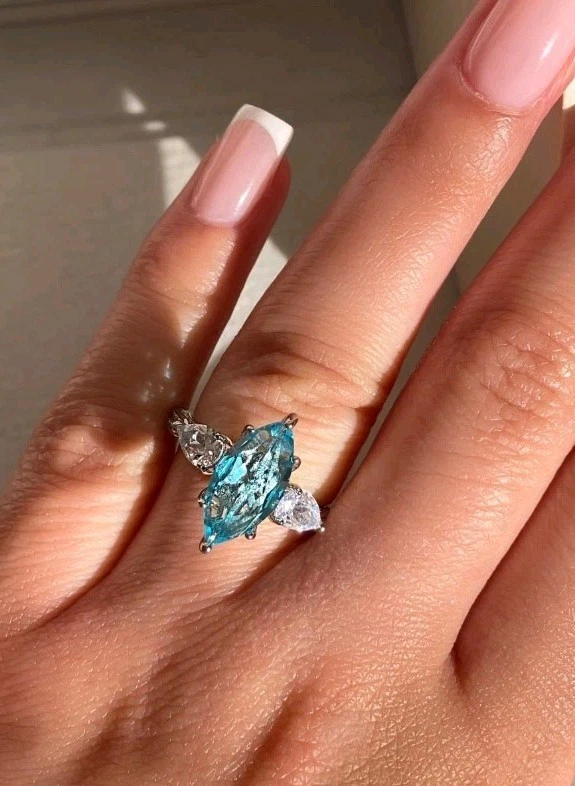 Marquise Cut Aquamarine Colored Ring Size 6 Lab Created Stone W K Plated  - Image 2 of 4