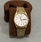 Vintage Seiko 7N43-7A50 Gold Tone Quartz Watch White Dial Day Date Runs 32mm