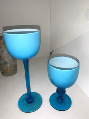 Two Vintage Carlo Moretti Blue & White Glass Short And Tall
