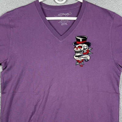 Ed Hardy T-Shirt Mens XL Purple V-Neck Skull Top Hat Graphic Tee Made in USA - Image 1 of 4