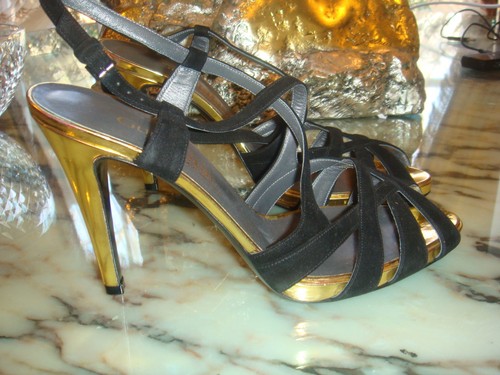 SIGNED GUNMETAL BLACK SUEDE GOLD HEELS 