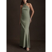 Bhldn 'Ruby' Green Twist Halter Satin Gown Size 8 - NWT